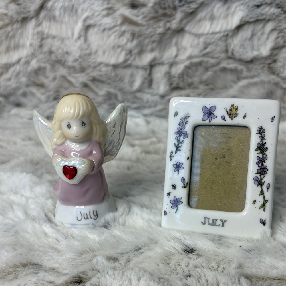 July Ceramic Precious Moments Angel Figurine & July Small Floral Frame. Vintage